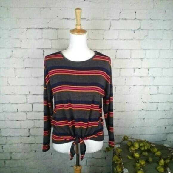 Gaze Striped Tie Front Long Sleeve Top Gray Size Small - Picture 1 of 5